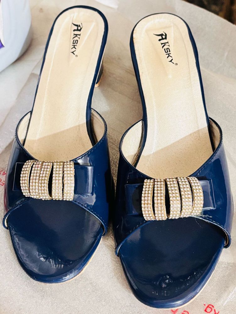 Blue Party wear block Heels With Diamonds