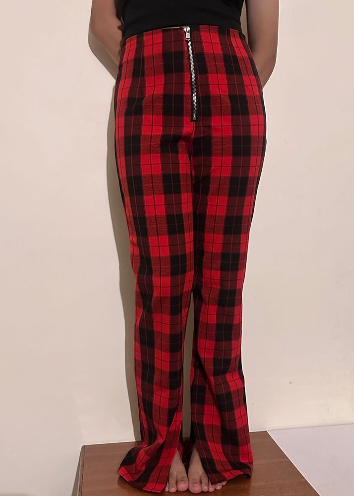 Red Plaid Zipper Pants