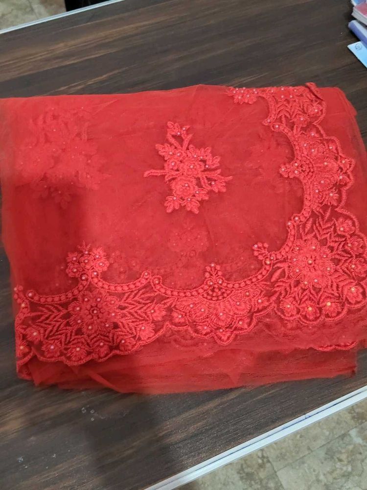 Red Embroidered Net Fabric