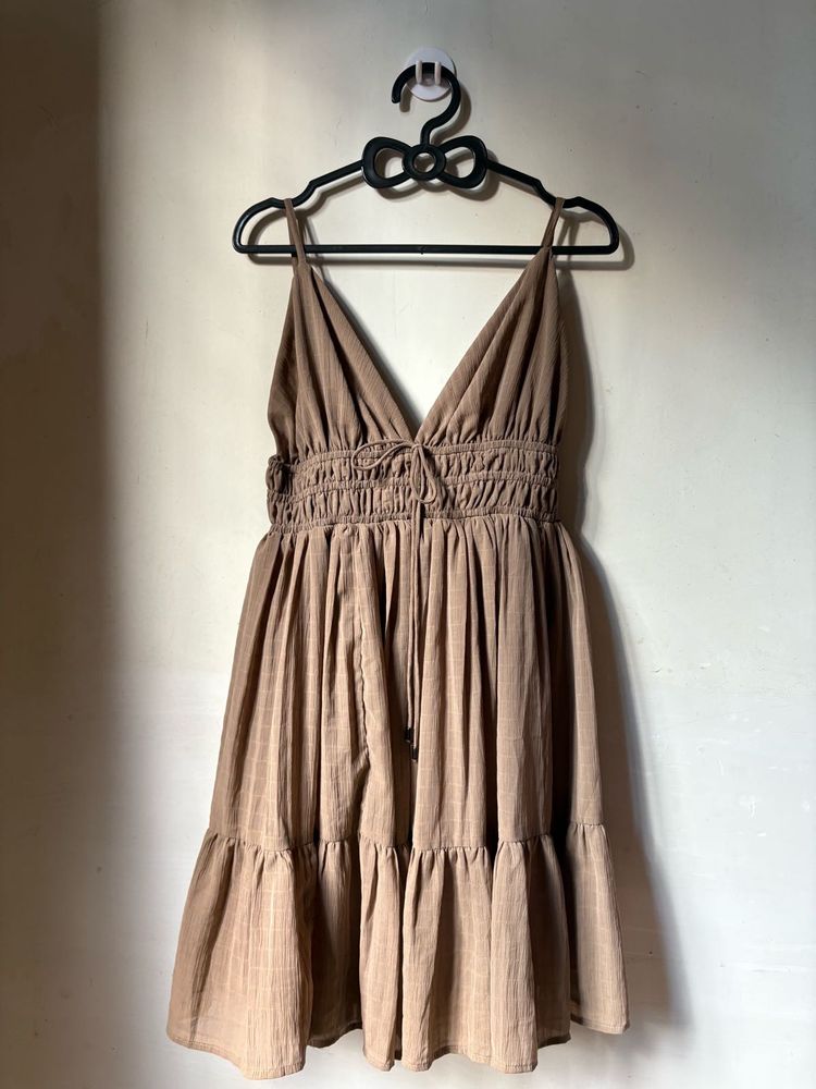Brown V-Neck Mini Dress