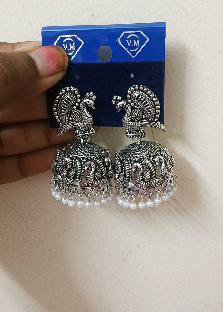 Silver Peacock Jhumka Earrings