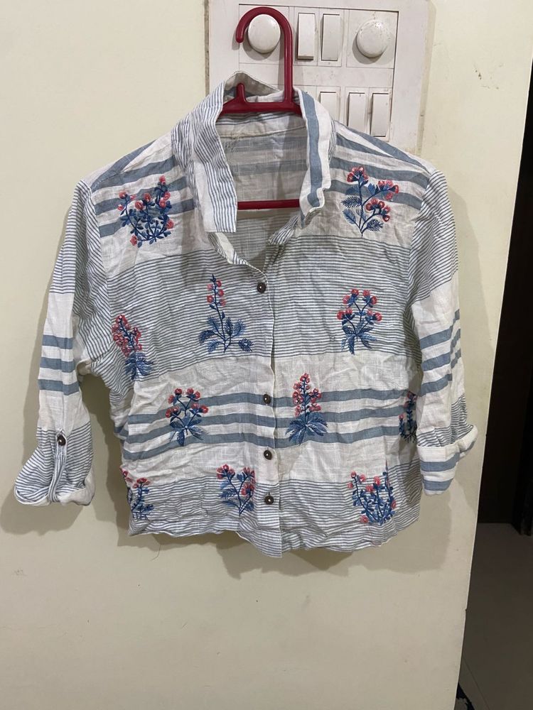 Floral Embroidered Striped Shirt