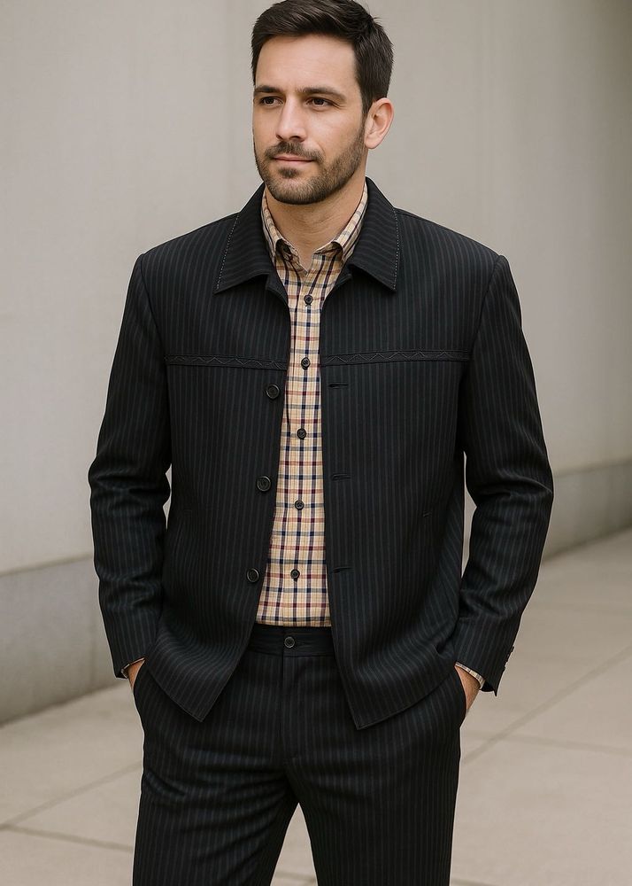 Premium Black Suit Set For Men Leather Detailing