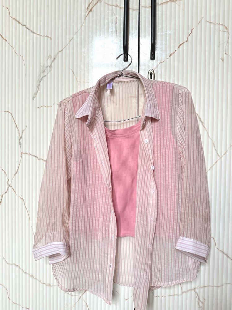 Pink Striped Shirt &amp; cape Top Set