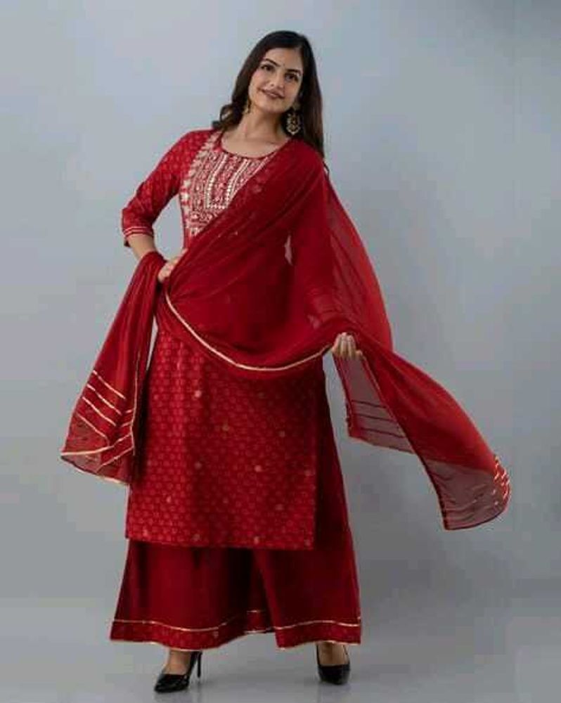 Red Embroidered Kurta Palazzo Suit