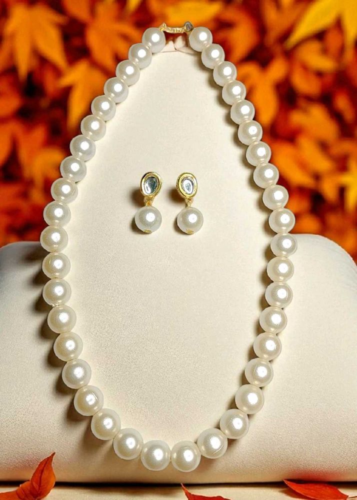 Pearl Necklace Set With Kundan Earrings