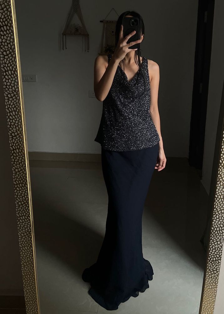 JKARA NAVY BLUE BEADED EVENING GOWN