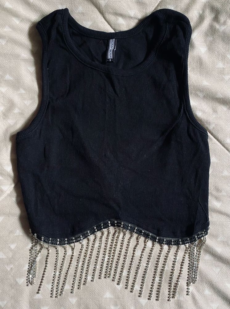Rhinestone Fringe Crop Tank Top