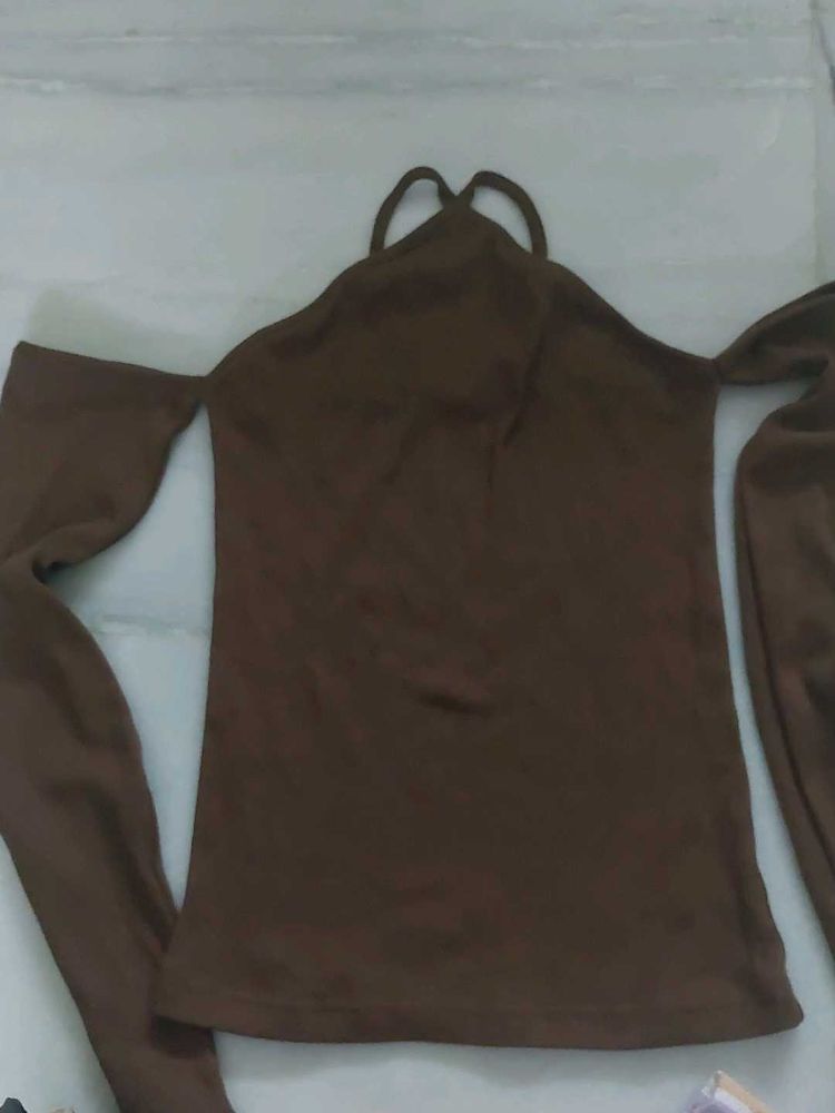 Brown Off-Shoulder Long Sleeve Top