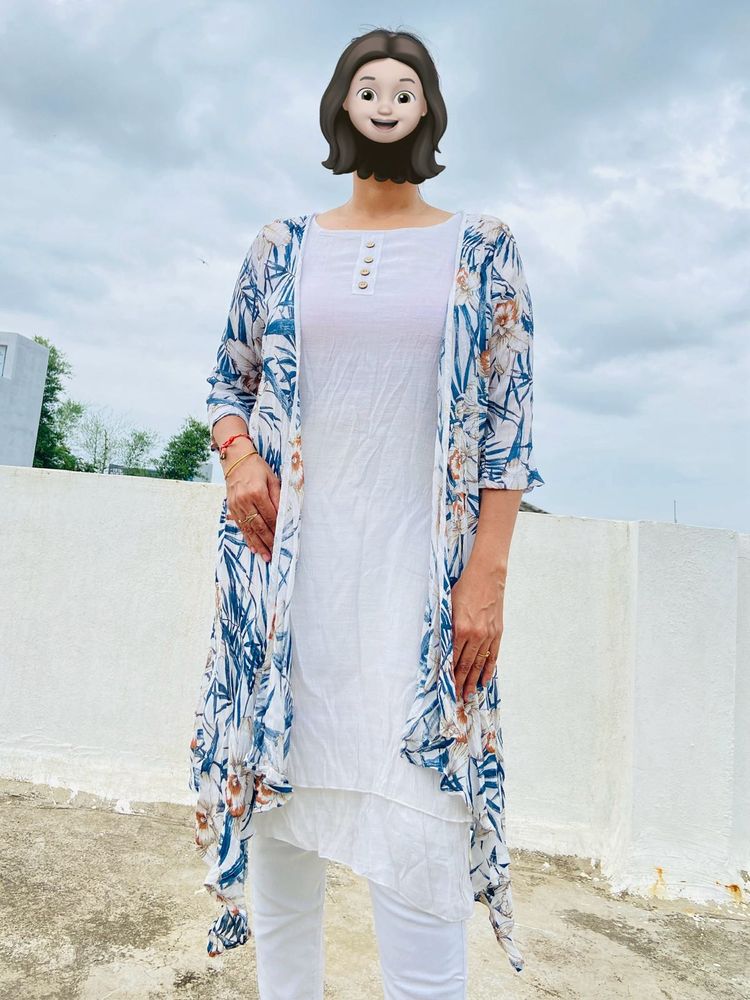 White Long Kurti With Multi Jacket