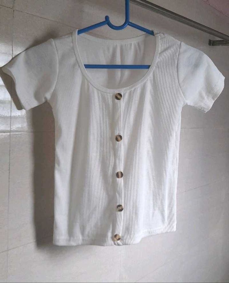 White Ribbed Button-Front Top