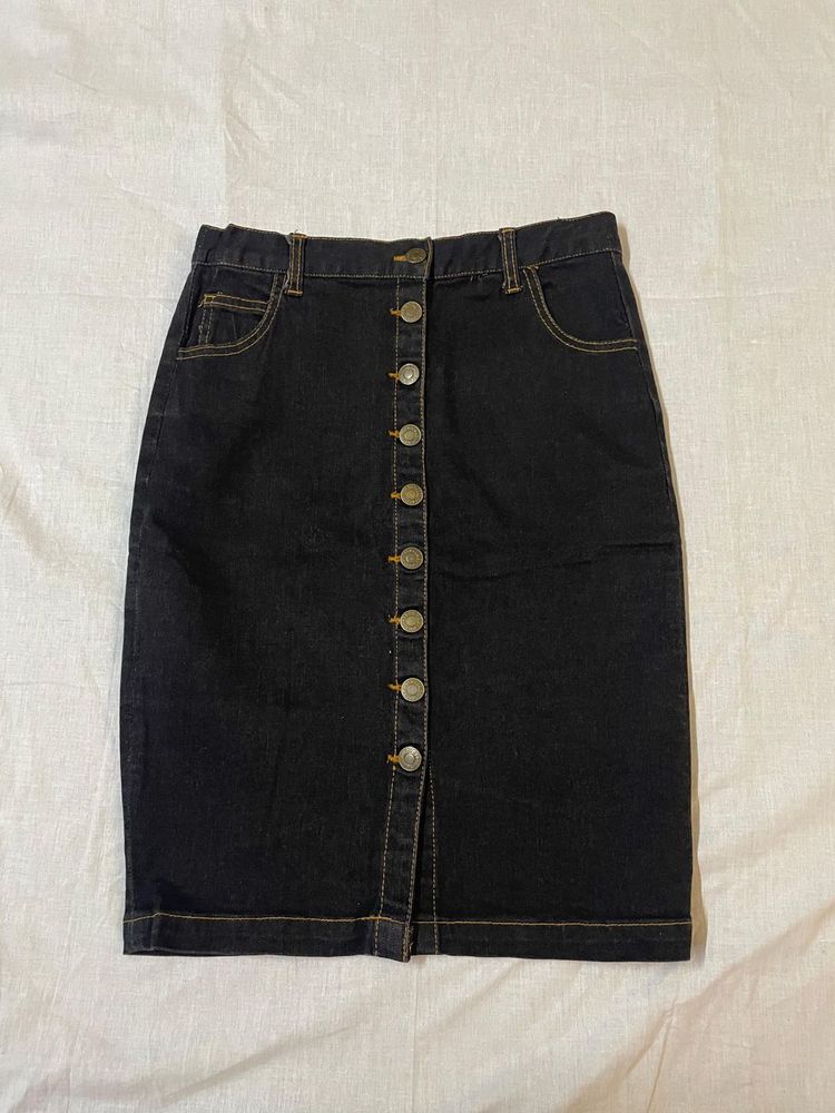 Black Straight Denim Skirt