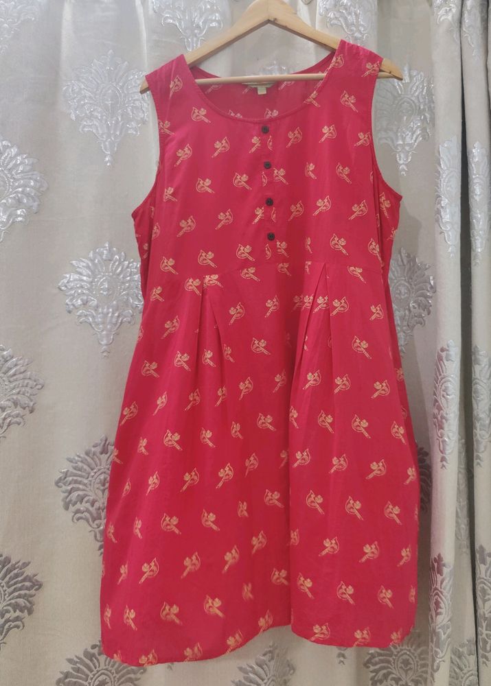 Anouk Cotton Red Printed A-Line Sleeveless Dress