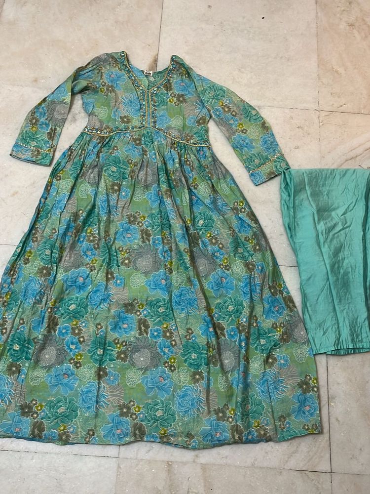 Torquoise Color A Line Kurti With Pant