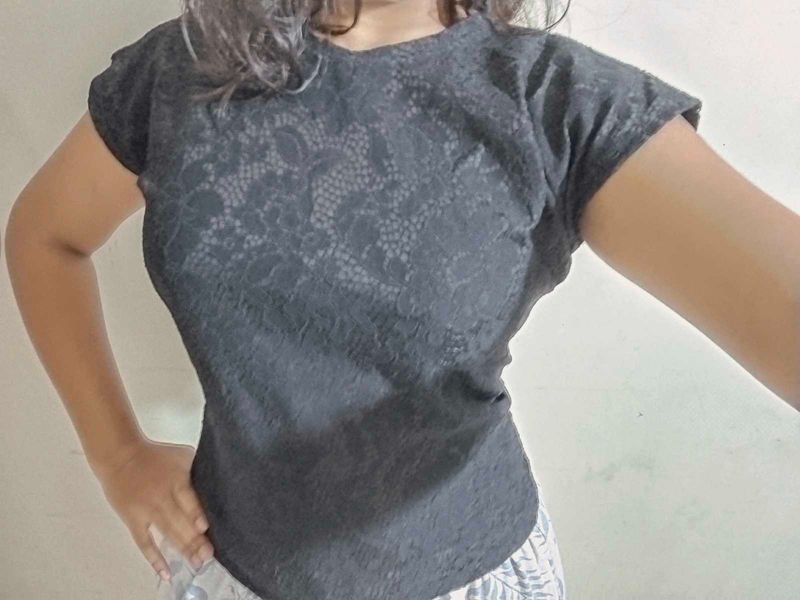Black- Sheer Rose Designed Top
