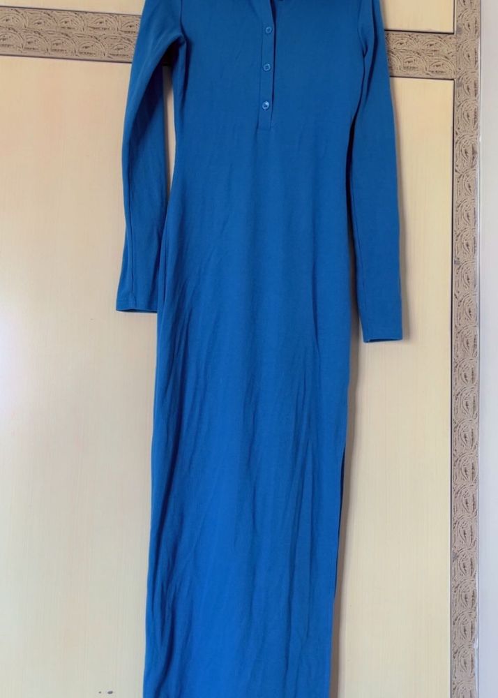 Blue Long Sleeve Dress with side slit &amp; c