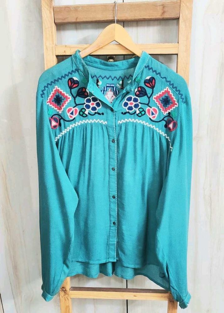 Embroidered Sea Green Cotton Top size-48