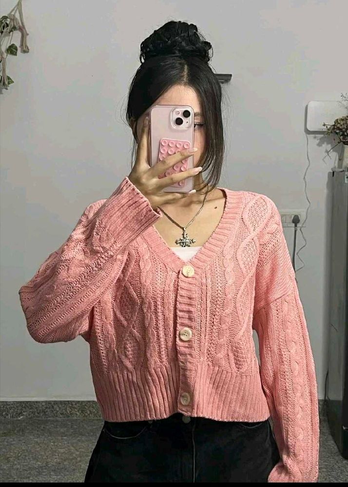 pink knit cardigan