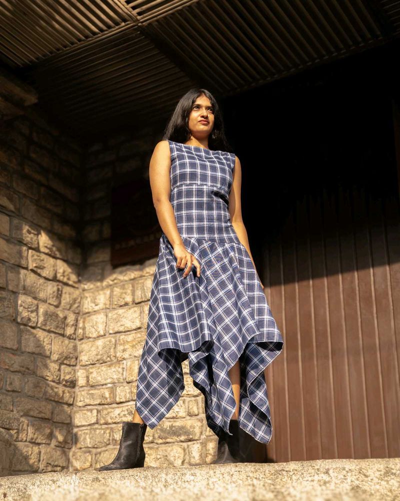 Handkerchief Hem Sleeveless Dress – Blue Checkered