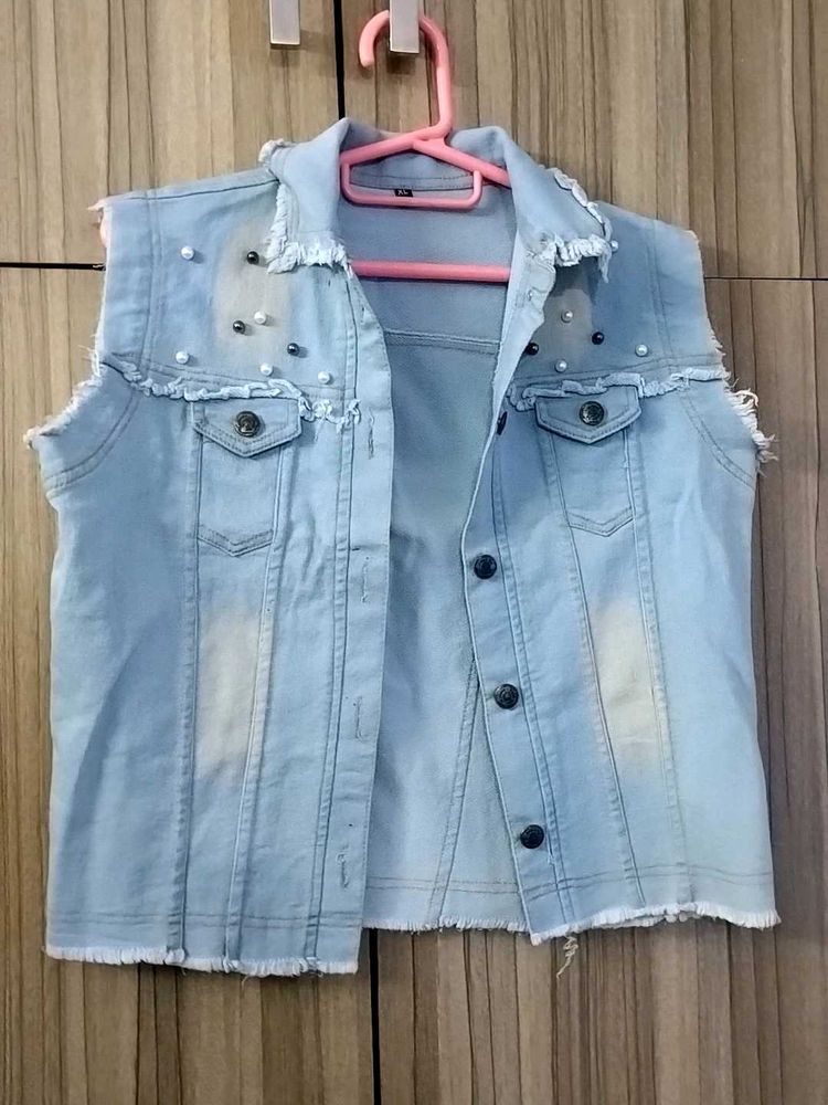 Light Blue Denim Vest with Pearls