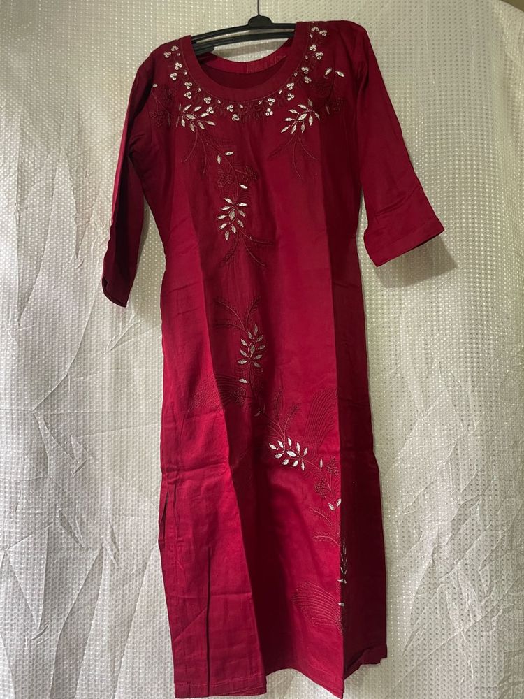 Elegant Maroon Embroidered Cotton Kurti