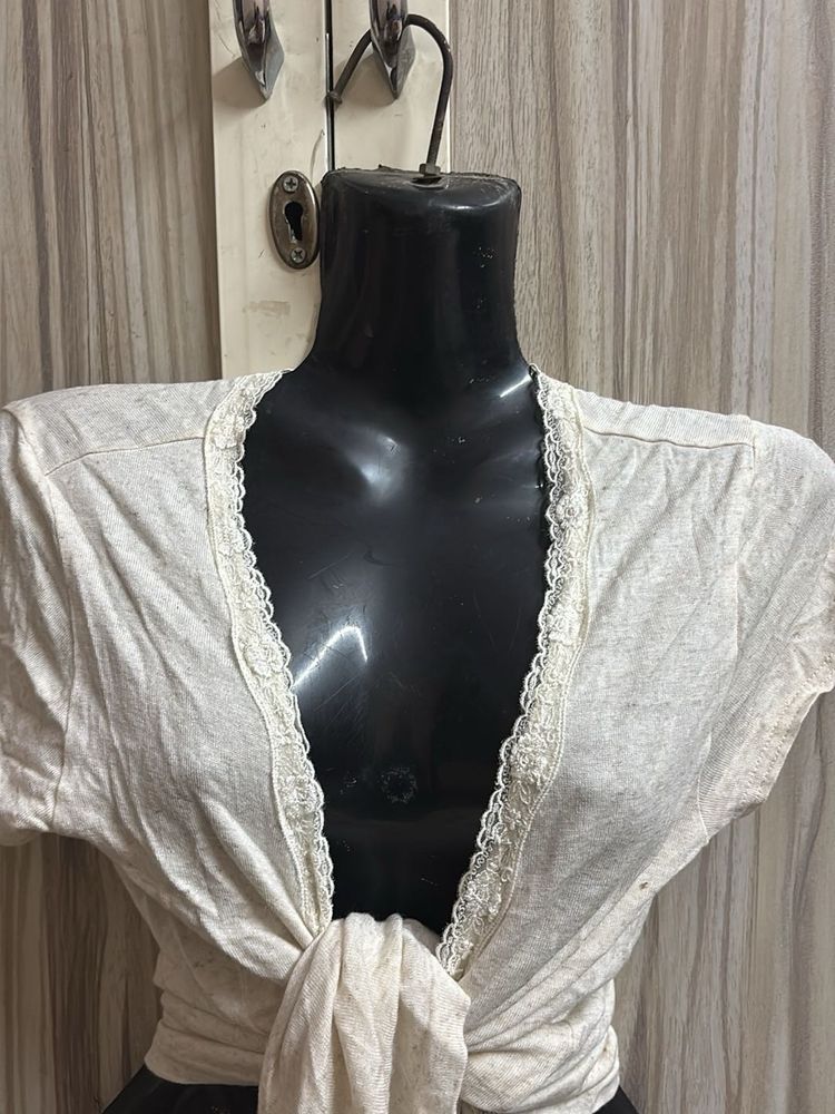 Lace Trim Tie-Front cardigan