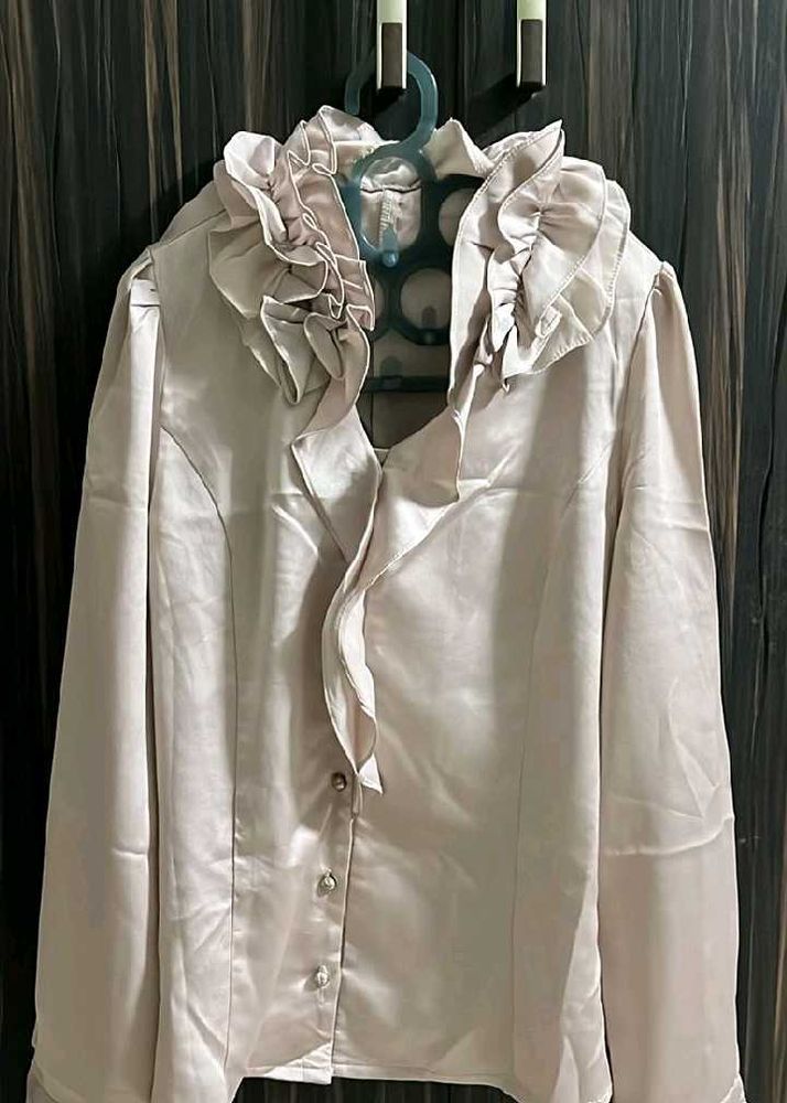 New Satin Ruffle Shirt (Beige)