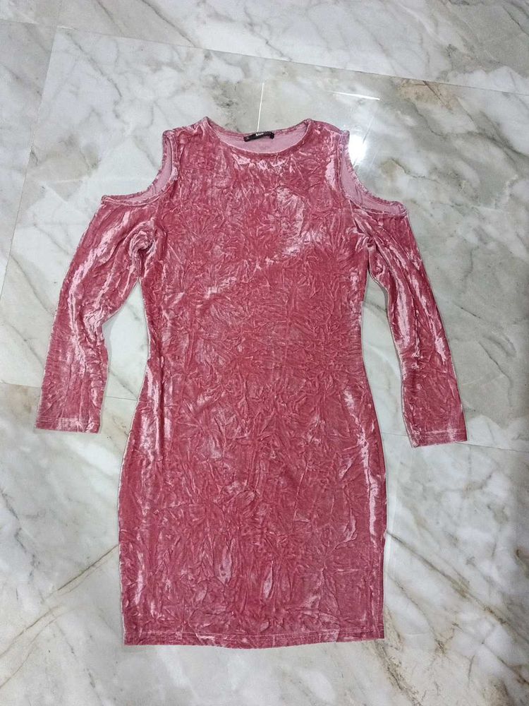 Shein Pink Velvet Cold Shoulder Dress