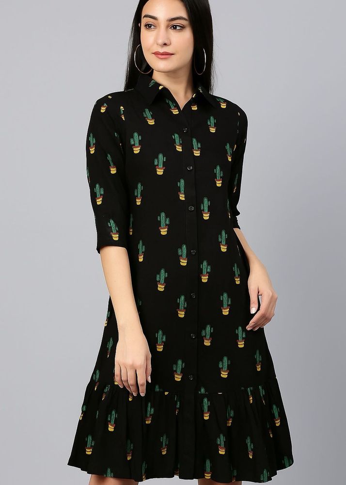 Cactus Print Black Shirt Dress 🤩– Breezy Style