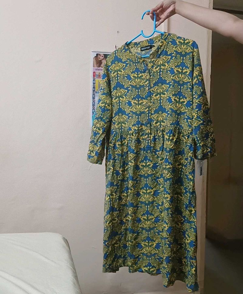 Elegant Blue And Yellow Printed Dress
