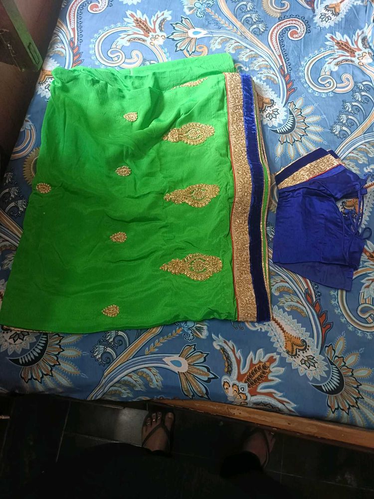 Green &amp; Blue Embroidered Saree Set
