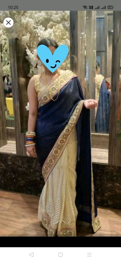 ,blue cream saree for festival o