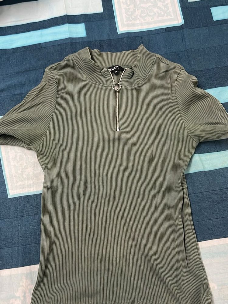 Olive Ribbed Half Zip Top