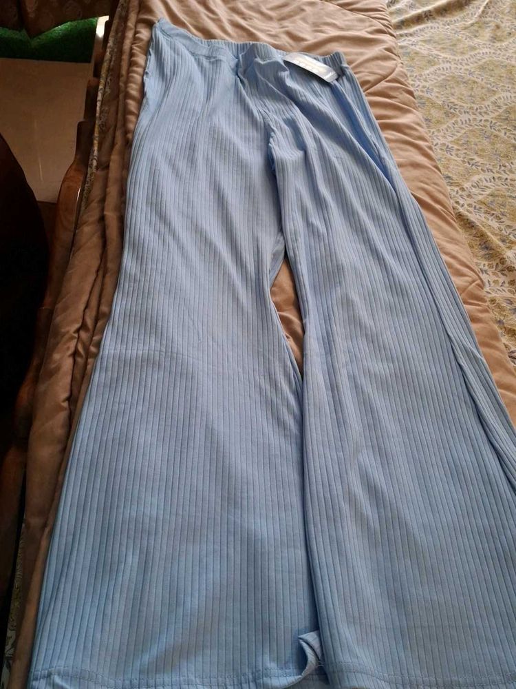 Blue Flared Ribbed Pants. Back Side Added