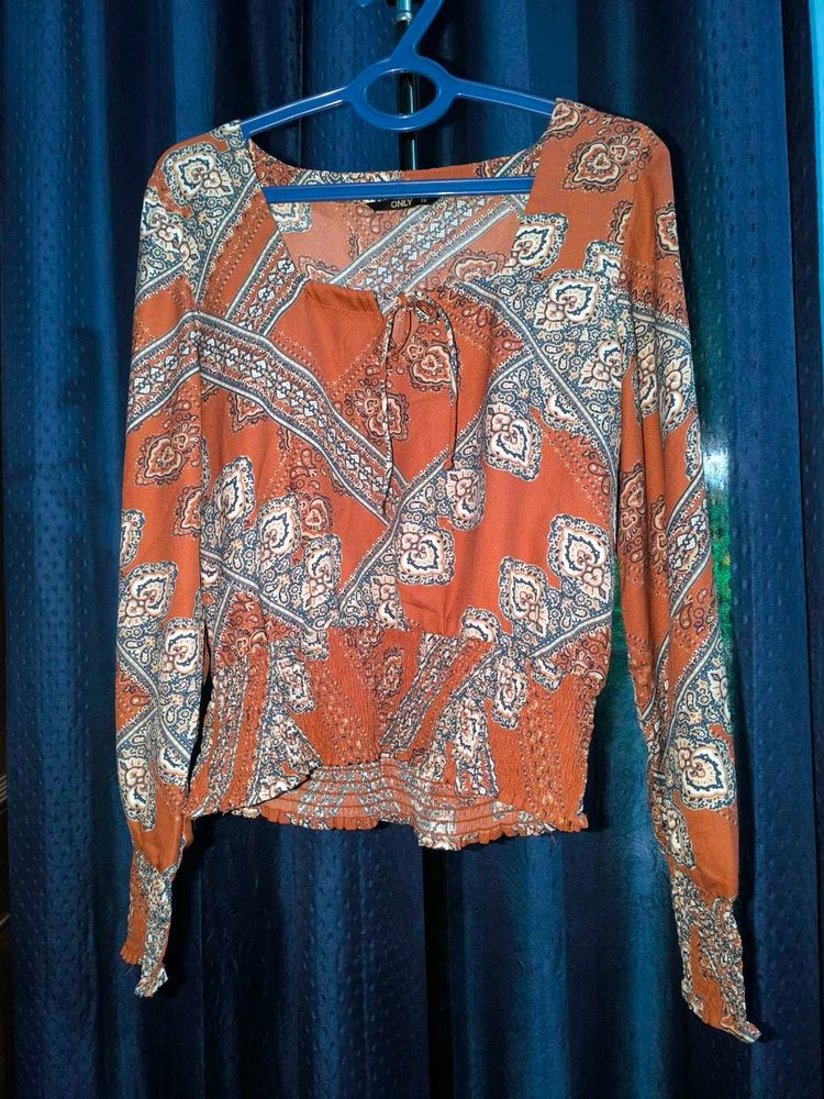 Brown Full Sleeves Printed Top
