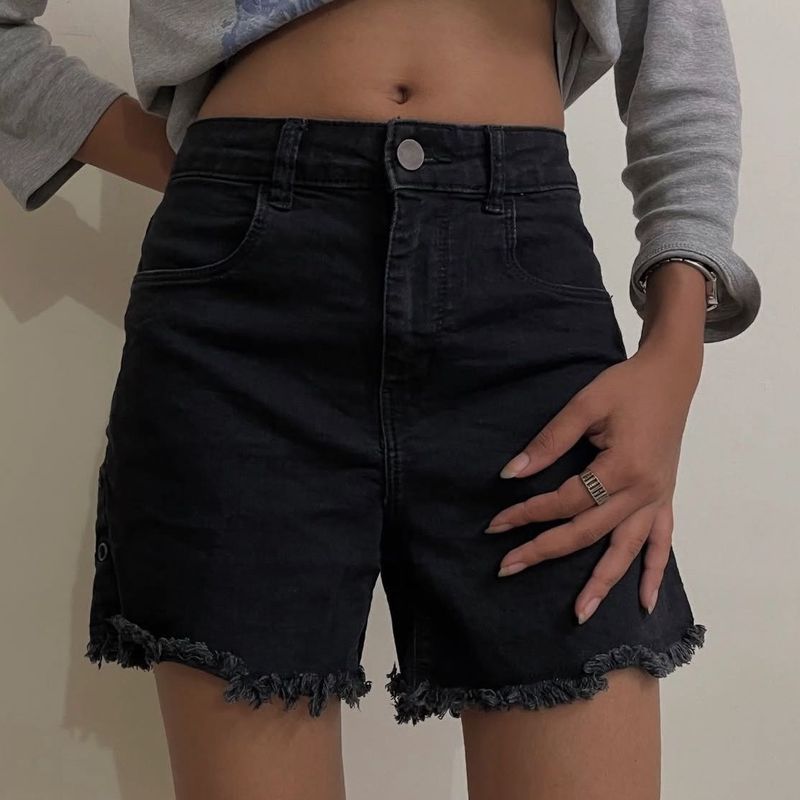 Black Denim Frayed Hem Shorts