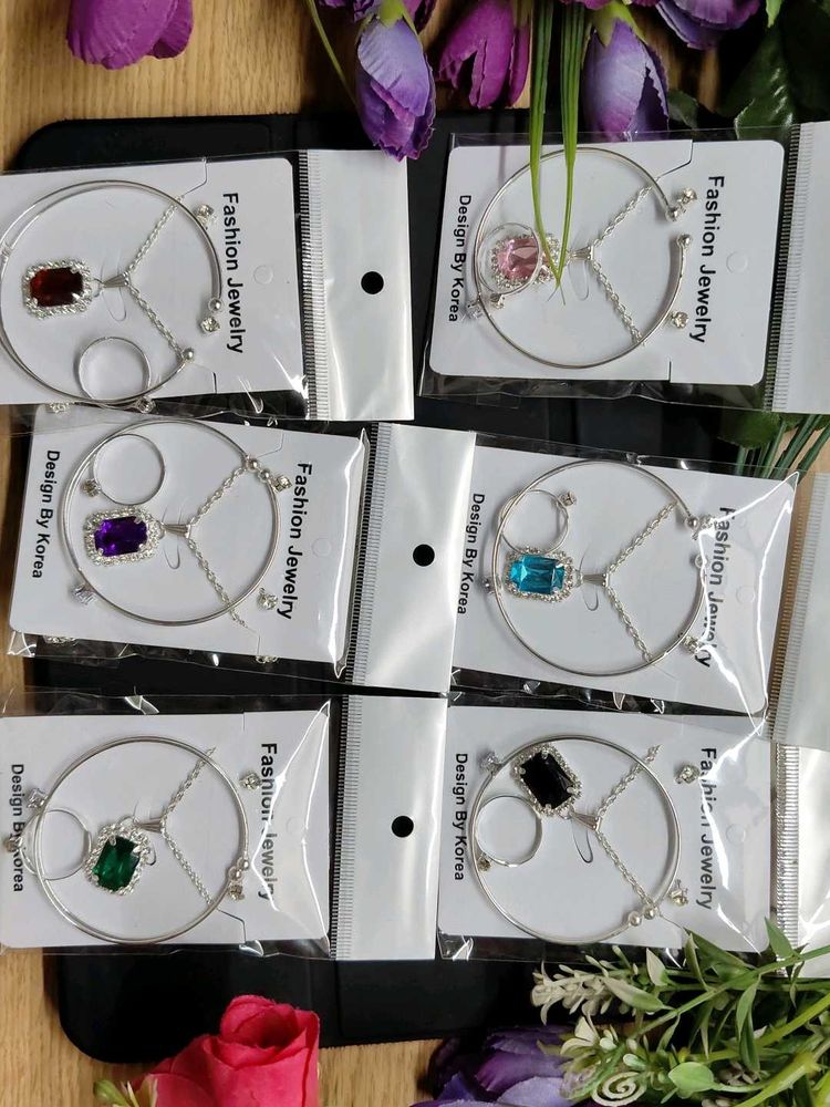 Silver Colorful Gem Pendent, Bracelet &amp; Ring Set