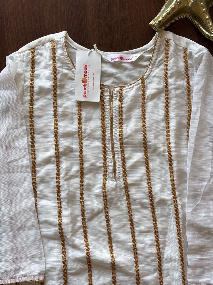 Elegant Kurta For Classy Girls,white With Gold