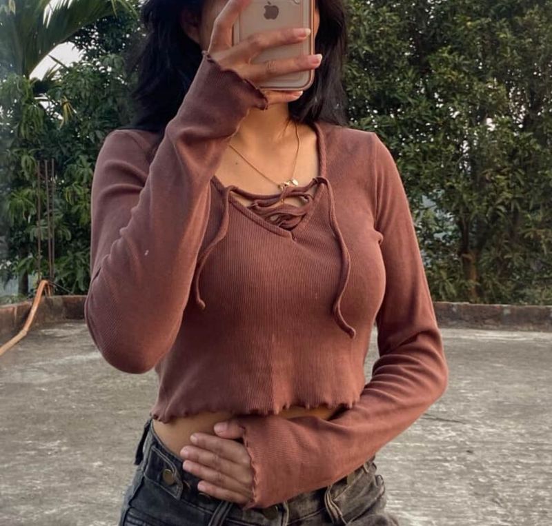Brown Long Sleeve Crop Top
