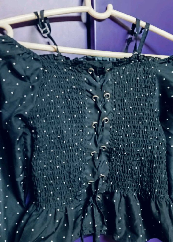 Navy Blue Dotted Crop Top