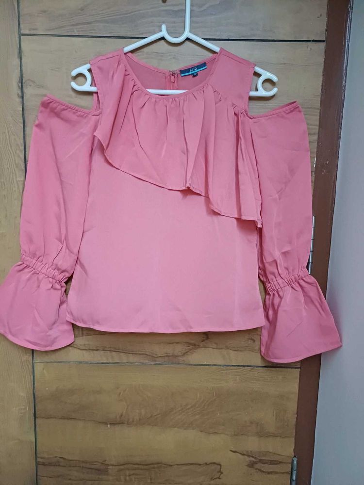 Pink Cold Shoulder Ruffle Blouse