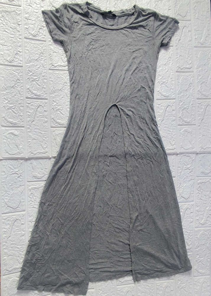 Gray Split-Front Maxi Tee Dress