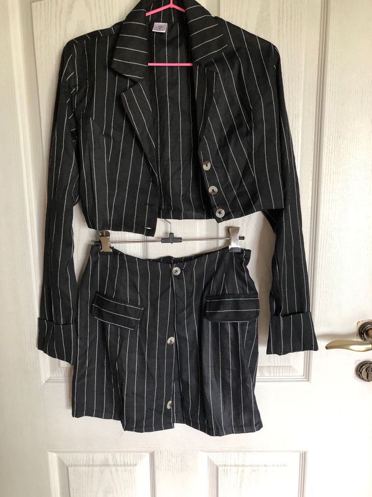 Grey Striped Jacket And Skirt