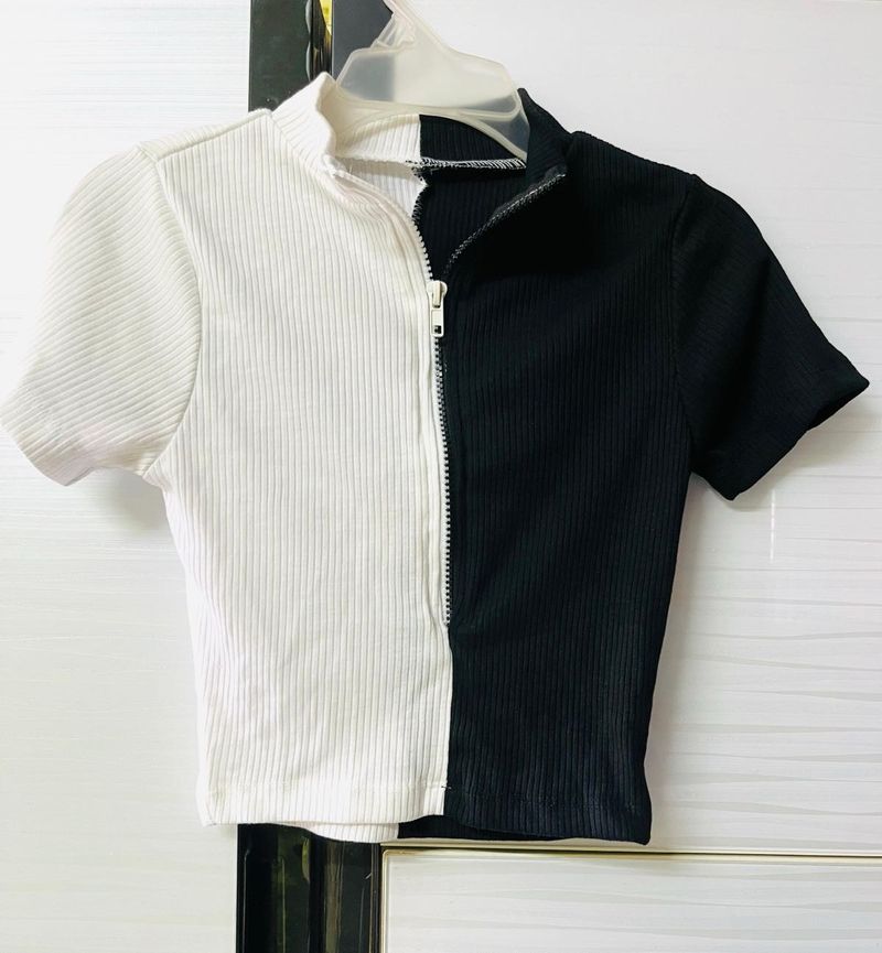 Two-Tone Zip-Up Ribbed Top