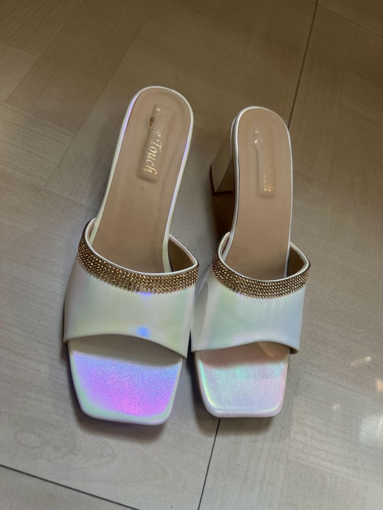Iridescent Block Heel Mules