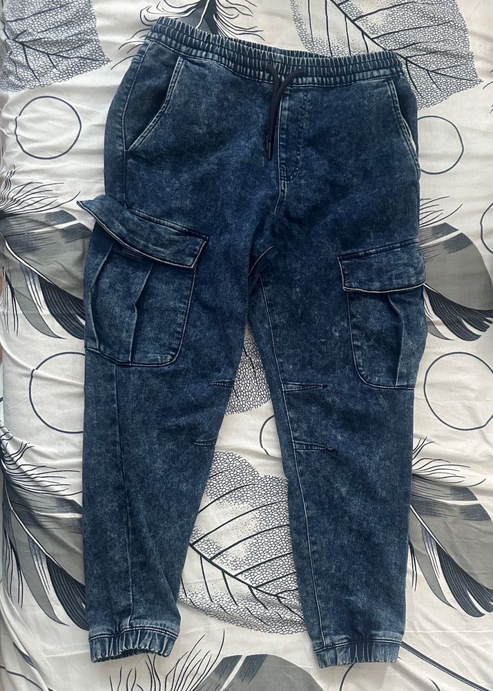 Acid Wash Denim Cargo Joggers