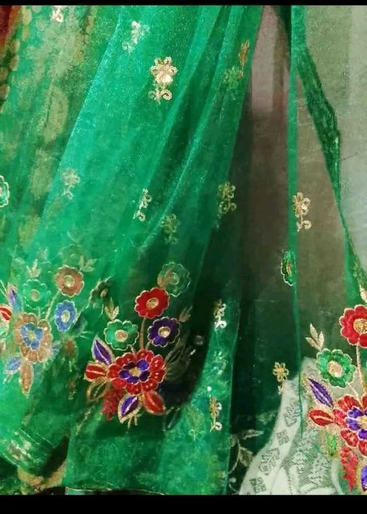 Emerald Green Embroidered Saree With Blouse