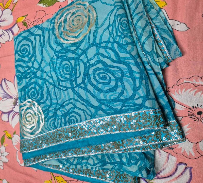 Teal Rose Print Saree