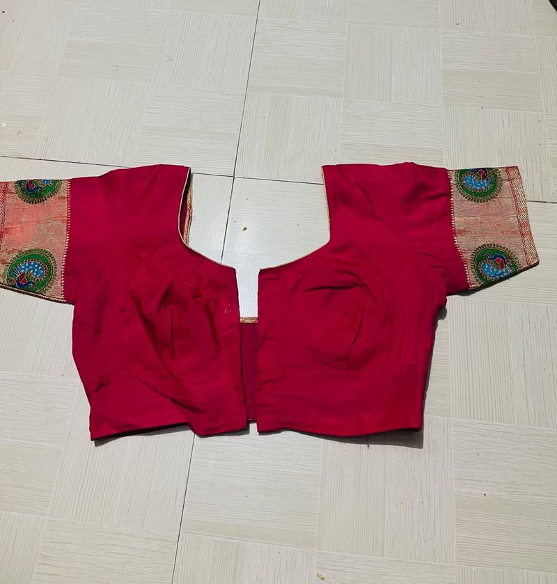 Red Sari Blouse with Embroidered Sleeves