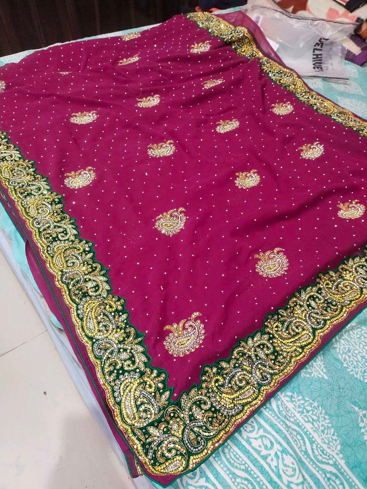 Maroon Dimond Work Saree